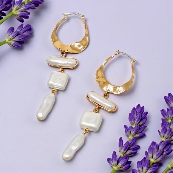 Golden Pearl Drop Earrings, Statement Dangle Earrings, Boho Chic Bridal Jewelry - Picture 10 of 14